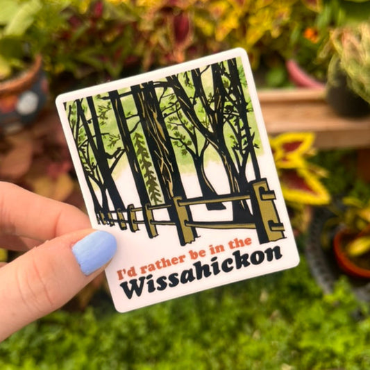 Sticker with an illustration of Wissahickon Valley Parks forbidden drive trail with the text "I'd rather be in the Wissahickon" text on it.